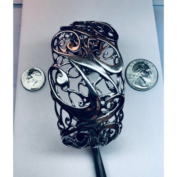 Estate Sterling Silver 925 Openwork Cuff Bracelet 6.5” Wide Ornate Scrollwork - Picture 5 of 9